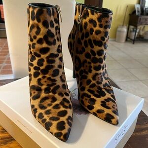 Nine West dress booties, black/ brown animal print, fur material, 4” stiletto.